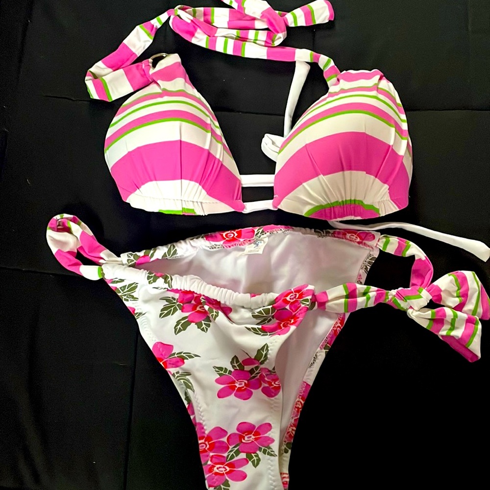 Pink white and green bikini